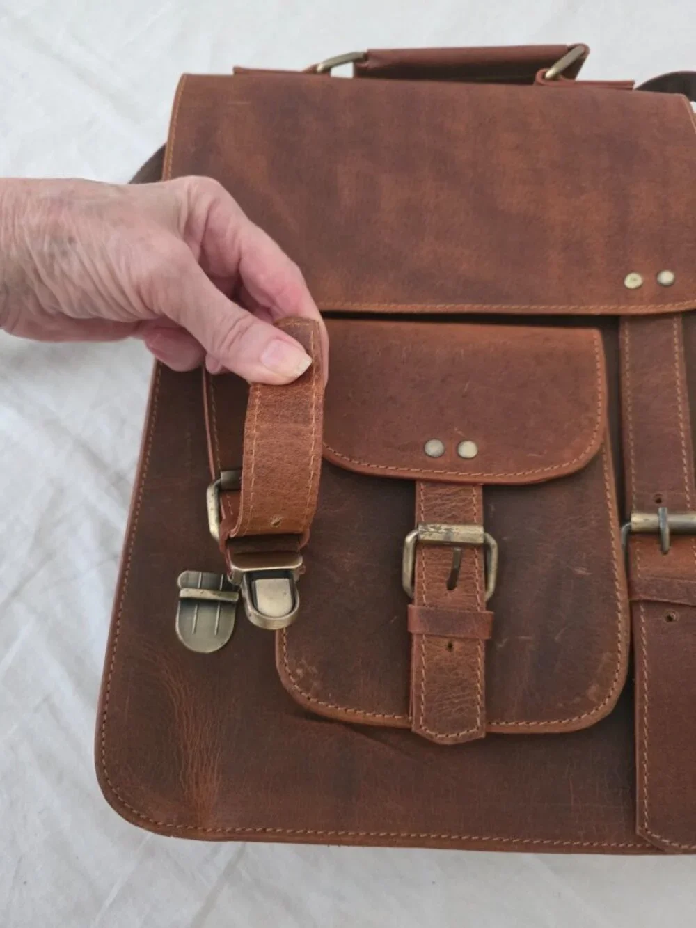 NWOT! Leather Messenger Shoulder Bag with Brass-tone Hardware & Detachable Strap